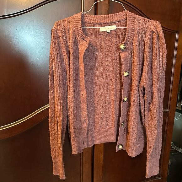 LOFT Cable Knit Cardigan in Warm Mauve - Picture 1 of 4